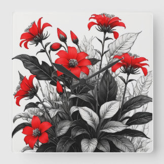 Relógio Quadrado Flor Vermelha Na Planta Branca Preta