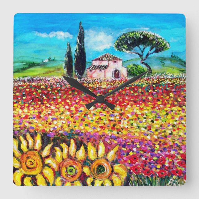 Relógio Quadrado FLORA NA TUSCÂNIA/ Campos, Papagaios e girassóis (Frente)