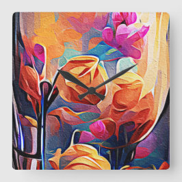 Relógio Quadrado Floral Abstract Art Orange Red Blue Flowers