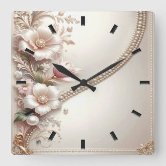 Relógio Quadrado Floral and Pearl Embellishments Wall Clock