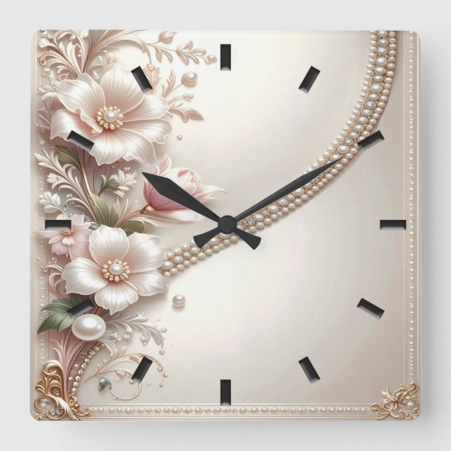 Relógio Quadrado Floral and Pearl Embellishments Wall Clock (Frente)