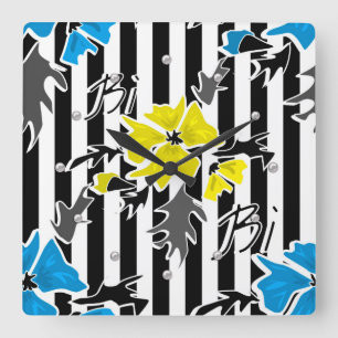 Relógio Quadrado Floral azul amarelo sem emenda flores folhas cinza