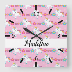 Relógio Quadrado Floral Baby Unicorn Personalizado