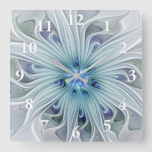 Relógio Quadrado Floral Beauty Abstrato Modern Blue Pastel Flower
