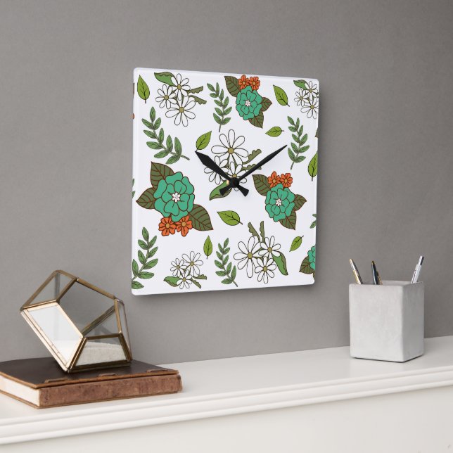 Relógio Quadrado Floral Branco e Verde Retro (Escritório)