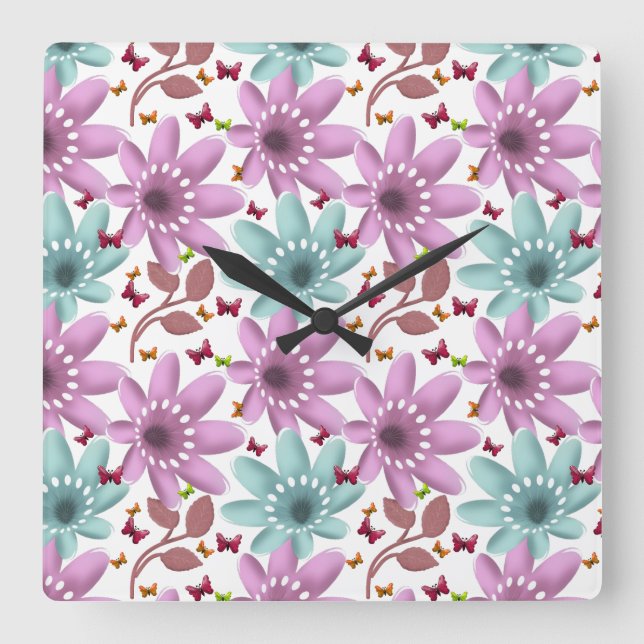 Relógio Quadrado Floral Butterfly Seamless Pattern | Pink and Mint  (Frente)