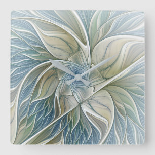 Relógio Quadrado Floral Dream Pattern Abstrato Blue Khaki Fractal