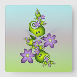Relógio Quadrado Floral Fantasy Lilac Flores Verde Formas Fractais