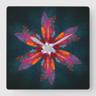 Relógio Quadrado Floral Flores de Mandala Laranja Vermelho Abstrato