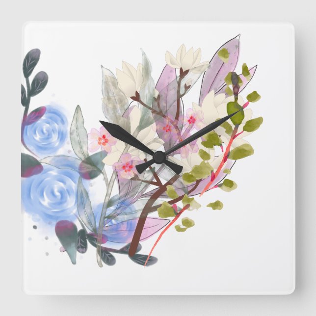 Relógio Quadrado Floral Leaves Art – Elegant Flowers and Botanical (Frente)