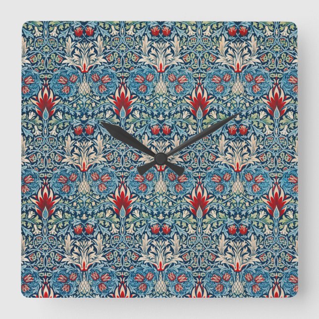 Relógio Quadrado Floral pattern on green leaves blue background (Frente)