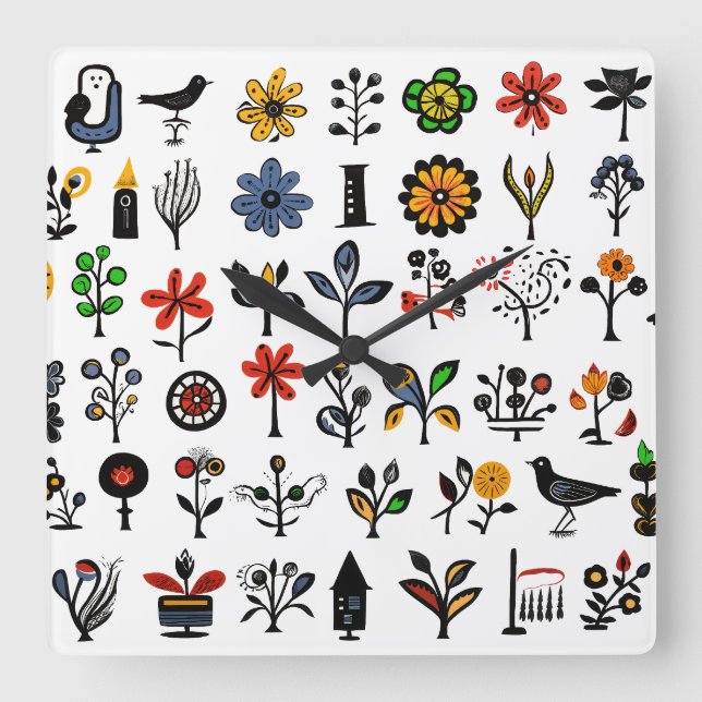Relógio Quadrado Floral popular e aves coloridas (Frente)