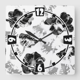 Relógio Quadrado Floral, preto e branco