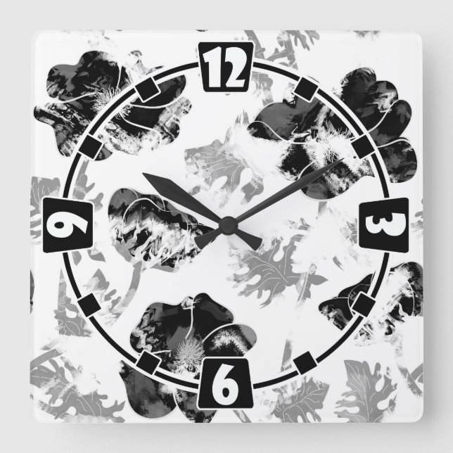 Relógio Quadrado Floral, preto e branco (Frente)
