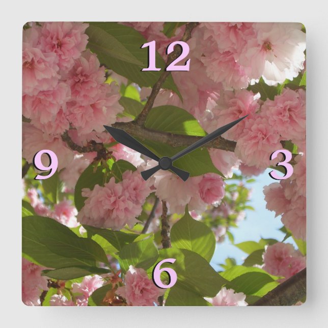 Relógio Quadrado Floral Primavera da Árvore III da Cherry com duas  (Frente)