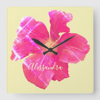 Relógio Quadrado Floral Retro Personalizado Amarelo Rosa Grunge Aqu