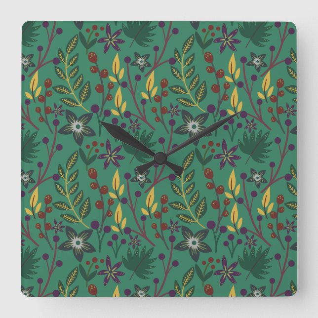 Relógio Quadrado Floral seamless pattern flowers green background (Frente)