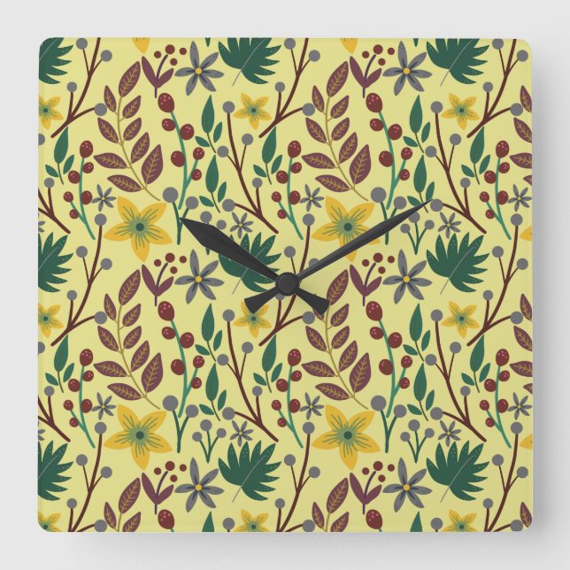 Relógio Quadrado Floral seamless pattern flowers, leaves, branches (Frente)