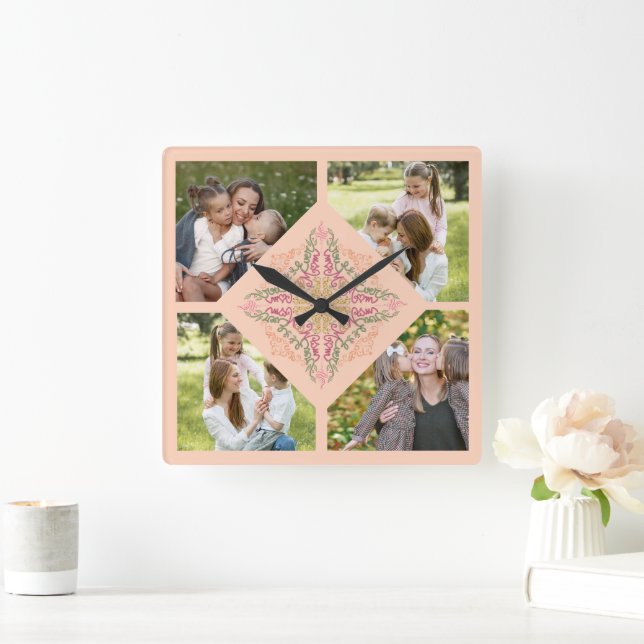 Relógio Quadrado Floral Soft peach kaleidoscopic Script Best Mom  (Lar)