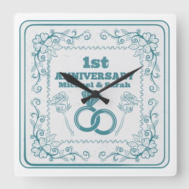 Relógio Quadrado Floral wedding Anniversary Customizable year (Frente)