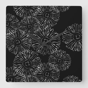 Relógio Quadrado Flores abstrato brancas e pretas