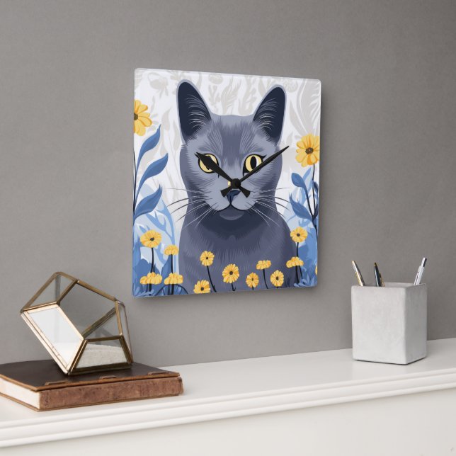 Relógio Quadrado Flores Amarelas do Gato Azul Russo (Escritório)