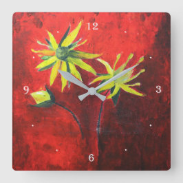 Relógio Quadrado Flores Amarelas - Pintura de Fundo Vermelha