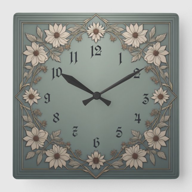 Relógio Quadrado Flores Art Deco (Frente)