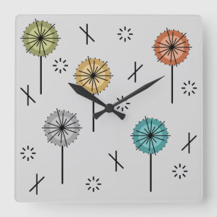 Relógio Quadrado Flores Atômicas Retrô Multicoloridas