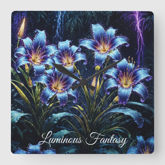 Relógio Quadrado Flores azuis brilhantes noite vibrante fantasia fl (Frente)