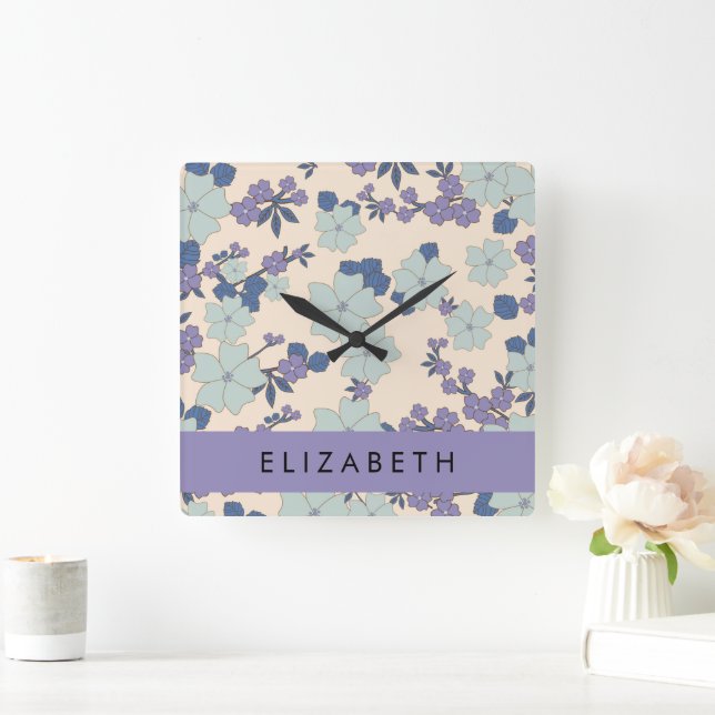 Relógio Quadrado Flores Azuis, Flores Roxas, Floral, Seu Nome (Lar)