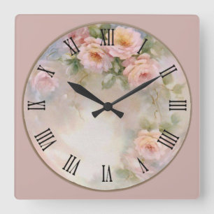 Relógio Quadrado Flores Bonito de Pastel Rosa e Branco