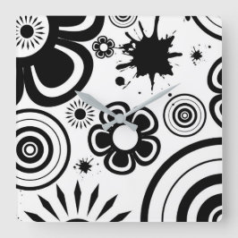 Relógio Quadrado Flores caprichosas em preto e branco, círculos, re