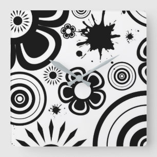 Relógio Quadrado Flores caprichosas em preto e branco, círculos, re