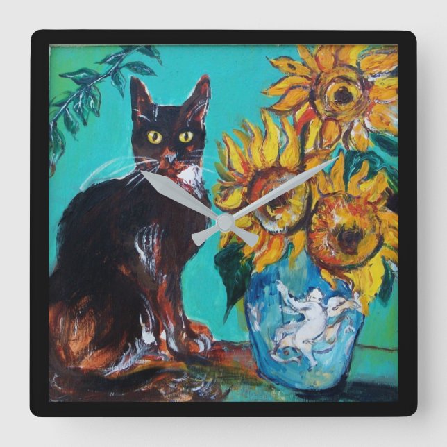 RELÓGIO QUADRADO FLORES COM GATO PRETO EM TURQUOISMO AZUL (Frente)