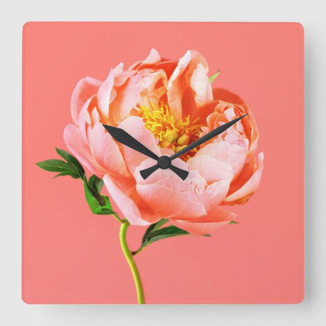 Relógio Quadrado Flores | Coral Peony Blossom (Frente)