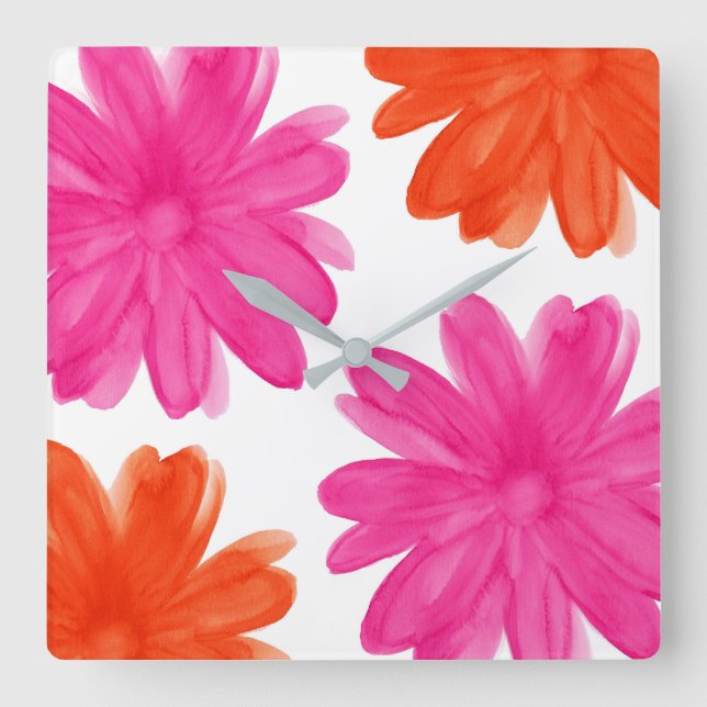 Relógio Quadrado Flores da aguarela do rosa quente e da laranja (Frente)