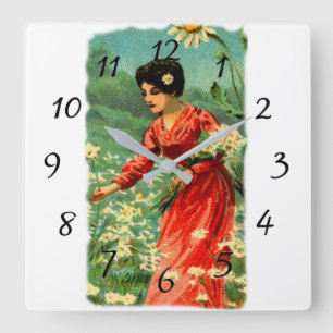 Relógio Quadrado Flores da colheita da mulher