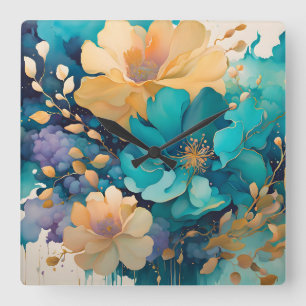 Relógio Quadrado Flores de Aquarela Turquesa Dourado Roxo Marinho