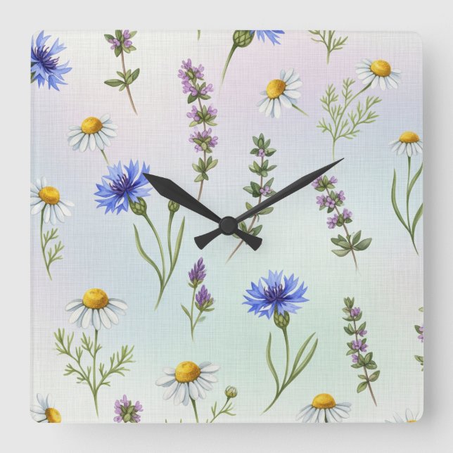 Relógio Quadrado Flores de campo por Natasha Us (Frente)