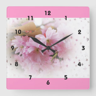 Relógio Quadrado flores de cerejeira rosa. arte fotográfico floral.