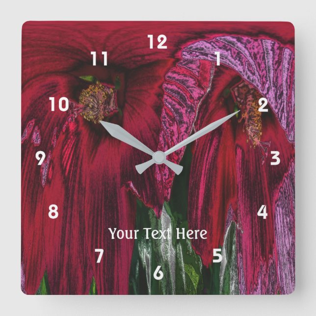 Relógio Quadrado Flores de Hibisco Vermelho Brilhantes Abstrato Art (Frente)