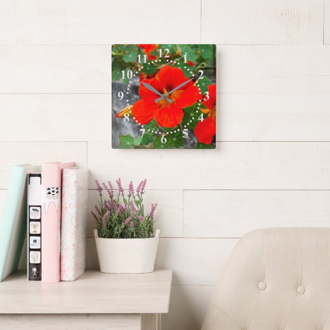 Relógio Quadrado Flores de laranja claras (Sala de leitura)