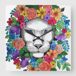 Relógio Quadrado Flores De Leão E Arco-Íris De Aquarela