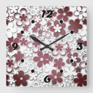 Relógio Quadrado Flores de papel vermelho e branco
