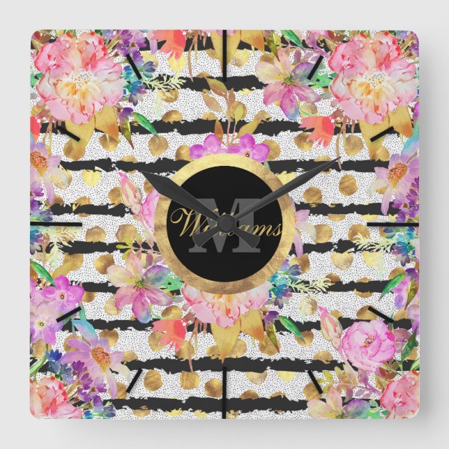 Relógio Quadrado Flores de primavera elegantes e listras design (Frente)