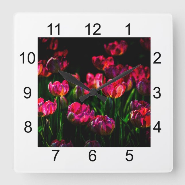 Relógio Quadrado Flores de tulipa cor-de-rosa (Frente)