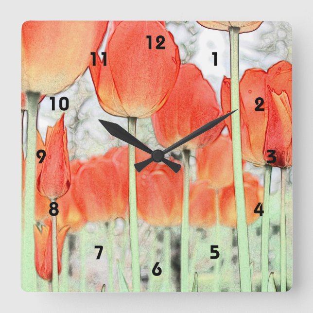 Relógio Quadrado flores de tulipas vermelhas no estilo artístico. j (Frente)