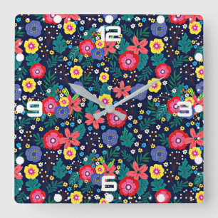 Relógio Quadrado Flores Decorativas E Folhas Padrão-48675