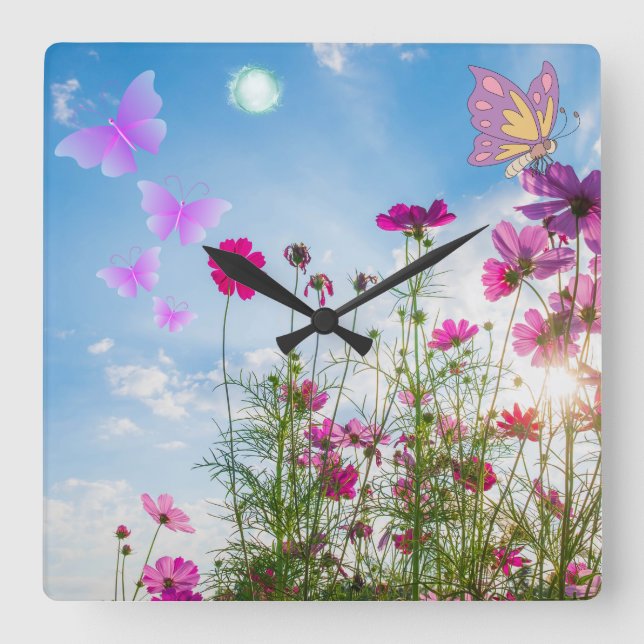 Relógio Quadrado flores e borboletas de primavera (Frente)